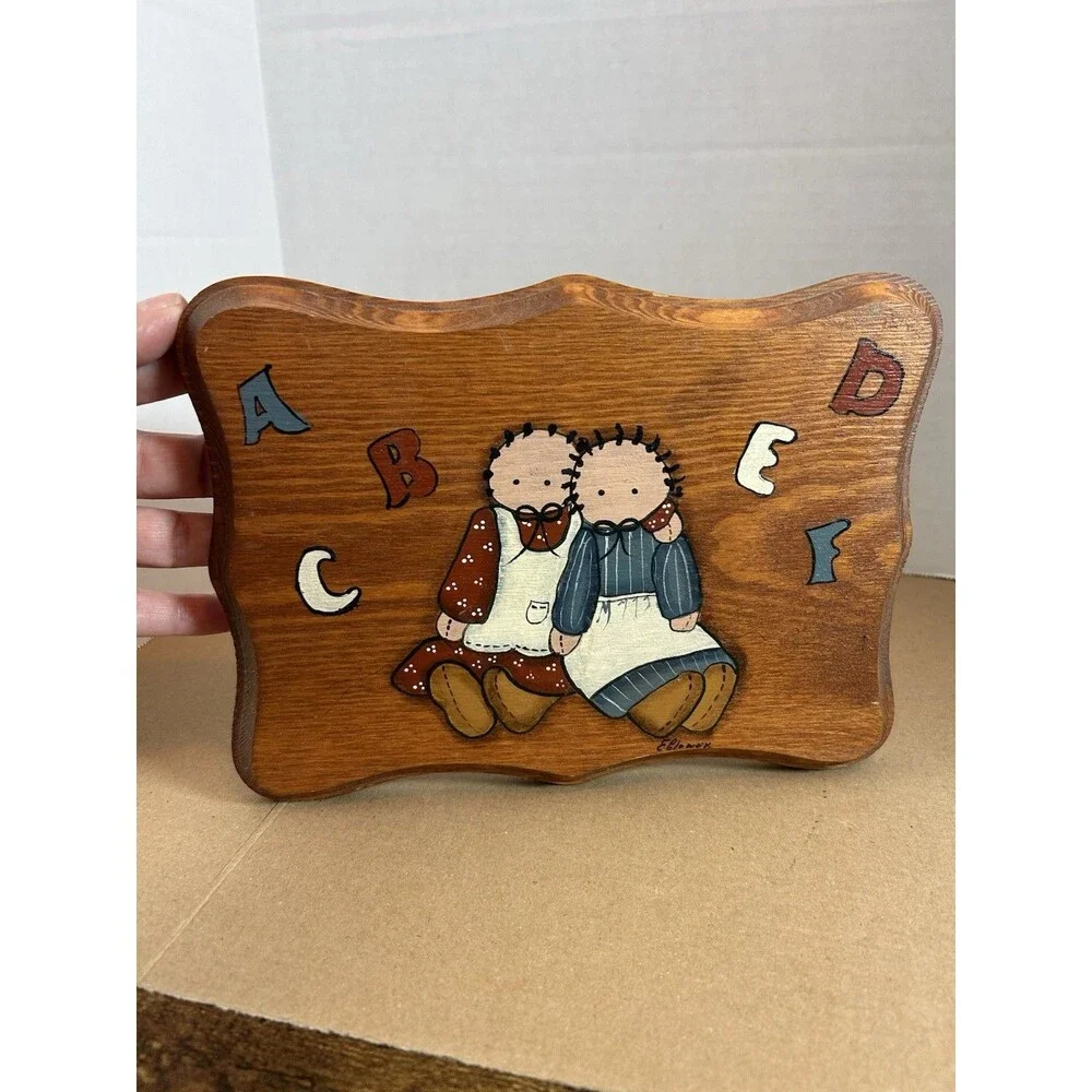 Vintage Wooden Wall Folk Art Kids Dolls ABC Hand Painted 9in Primitive Amish